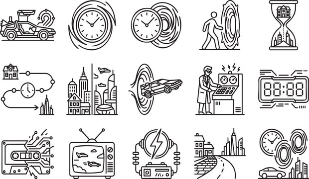 Time Travel Line Icon Set with Time Machine Car, Portal, Hourglass, and Future Technology.