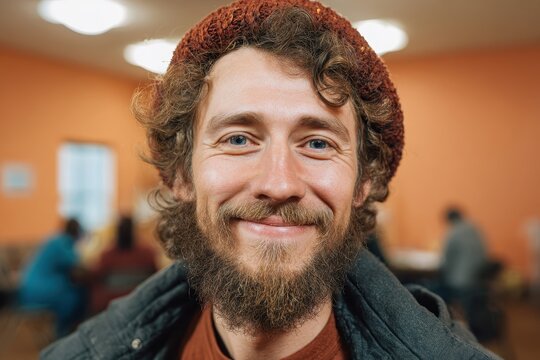 Authentic portrait of a smiling bearded man in a red beanie. Ideal for conveying authenticity, friendliness, and community engagement.