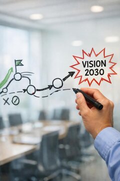 Business professional drawing a Vision 2030 strategic roadmap on a glass wall in an office.