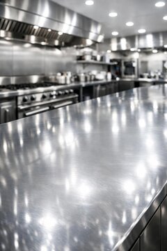 Clean commercial kitchen interior with stainless steel surfaces.