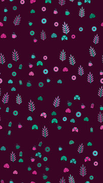 Pattern of stylized icons: leaves, flowers, cups, donuts, shamrocks