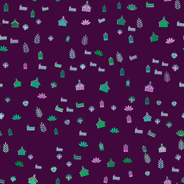 Seamless pattern of buildings, hearts, and leaves icons