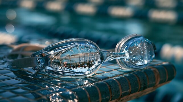 Clear swimming goggles rest on a wet tiled pool edge with blurred water background