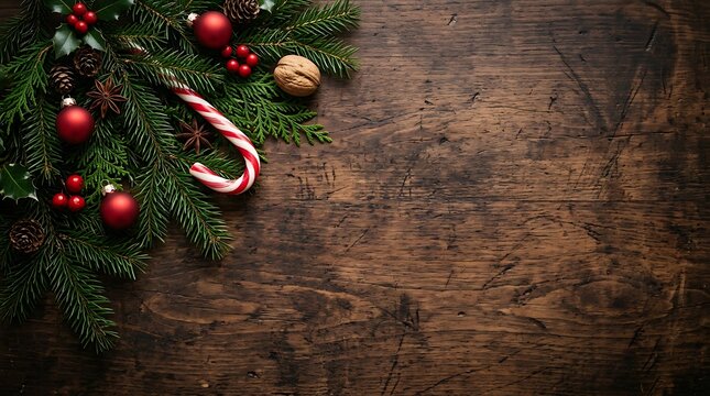 Christmas decoration with pine branches, red baubles, candy cane, and walnuts arranged on a rustic dark wooden background, perfect for holiday greeting cards and festive designs