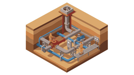 Fototapeta premium Minimalist Isometric of Underground HVAC and Plumbing System with Pipes Valves and Fan Unit with high quality professional line art symbols for modern creative design and digital branding projects
