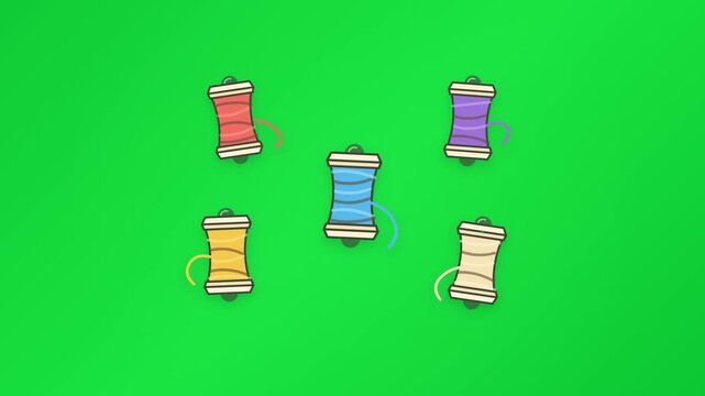 A strictly minimalist 2D motion graphic featuring five colorful thread spools floating gracefully on a clean green background. 