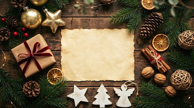 Christmas background with a blank parchment paper, gift box, pine branches, pinecones, cinnamon sticks, and decorations on a rustic wooden table