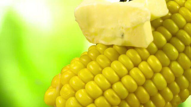 Slice of Cream on the Fork and Corn. A piece of butter strung on a fork slowly moves along the surface of hot corn, leaving behind an appetizing melting trail