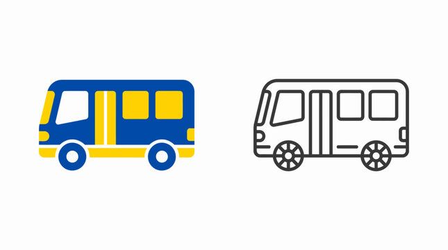 Blue and yellow mini bus icon with outline on white background vector illustration