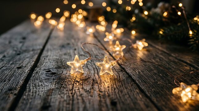 A string of glowing starshaped fairy lights resting on a rustic wooden surface with a soft bokeh background