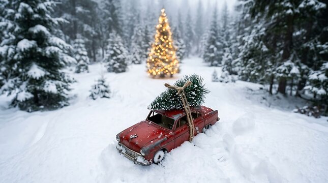 A vintage red toy car carrying a small christmas tree on its roof, sitting in deep snow in a forest with a glowing, blurred christmas tree in the background