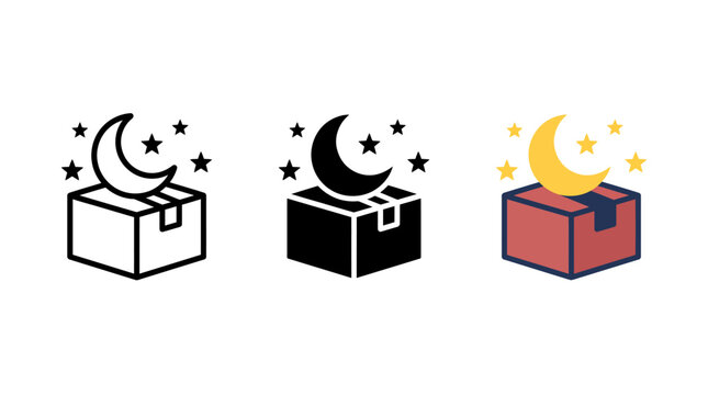 Delivery box under crescent moon and stars flat vector design night logistics concept