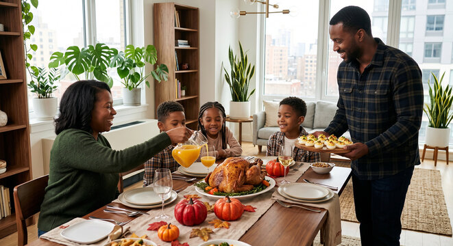 Black family enjoying thanksgiving dinner with roasted turkey and deviled eggs in city home.