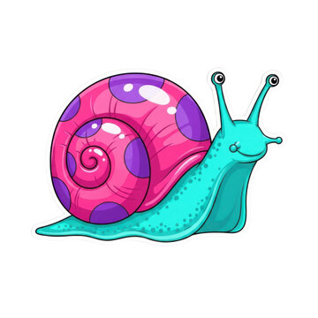 Colorful cartoon snail with vibrant pink shell and purple spots, cute design for commercial use
