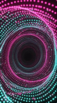 Luminous pink and cyan particles ripple across a shifting spiral vortex in a seamless