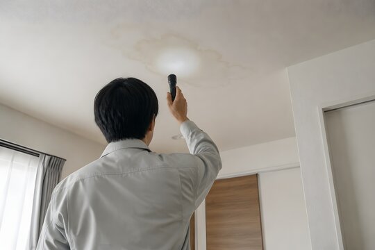 天井の雨漏り跡を調べる住宅作業員の写真素材