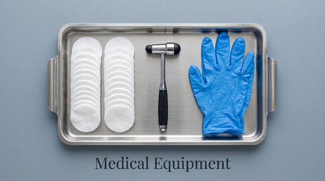 Medical equipment on stainless steel tray, clinical reflex hammer with blue nitrile glove and cotton pads, healthcare diagnostic tools