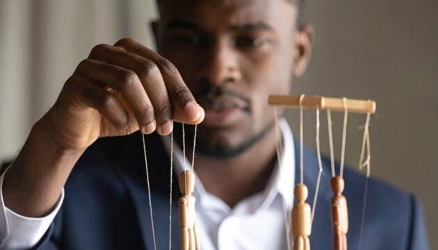African american businessman manipulating wooden puppets on strings in office environment conceptual representation