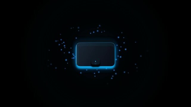 Abstract dark rectangular shape with glowing blue edges and floating particles on a black background