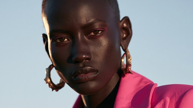 Close up portrait of a stylish Black woman with shaved head and large gold hoop earrings wearing a bright pink jacket against clear sky.