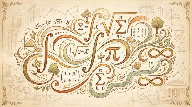 Vintage Mathematical Illustration with Ornate Calculus Symbols and Natural Elements