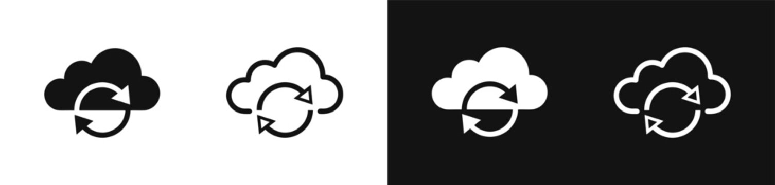 Cloud syncing and data update icon set in black and white styles