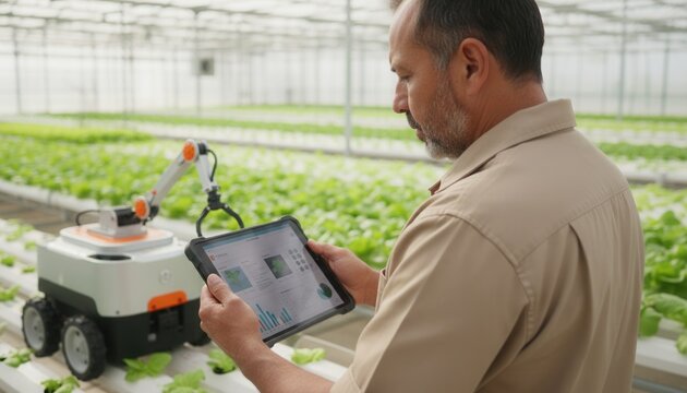Indigenous agricultural technician reviewing crop health data on rugged tablet near weeding robot in modern commercial greenhouse