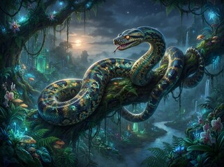 Obraz premium Giant magical anaconda resting in an enchanted forest