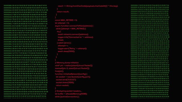 Computer Code Scrolling with Red Source Data and Green Binary Logs for Cyber Security Hacking Overlay