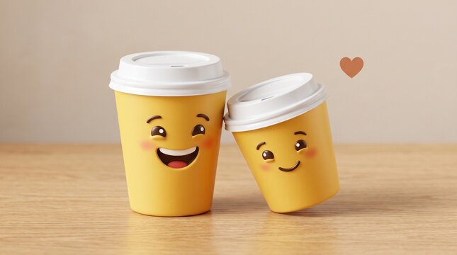 Cute yellow coffee cups with happy faces, takeaway paper cups with smiling expressions, cheerful beverage containers on wooden table