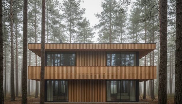 Modern timberclad two story villa set within a dense Scandinavian pine forest featuring vertical larch louvers and dark zinc framed windows