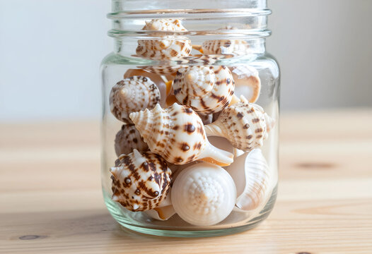 Vacation memories and summer travel concept, collection of sea shells stored in a glass jar on a wooden table for home decor and coastal interior design