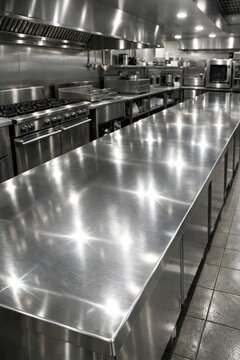Modern professional stainless steel commercial kitchen workspace.