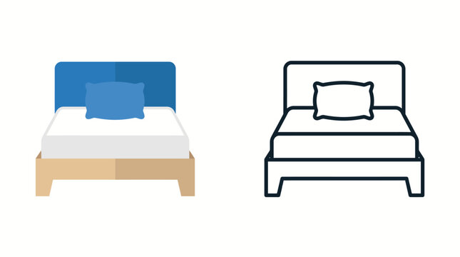 Simple bed with pillow and mattress flat and outline vector illustration