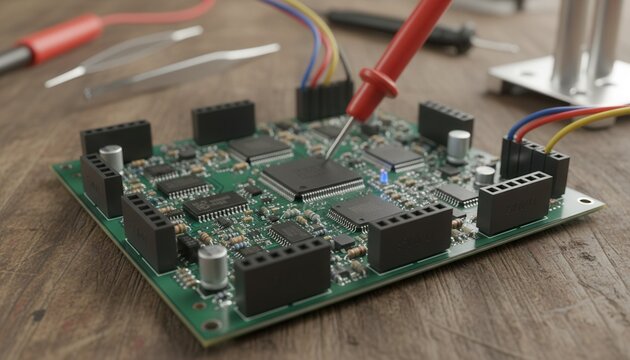 Close up of a newly soldered printed circuit board resting on a workbench during electronic durability testing