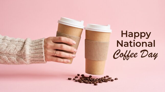 Happy National Coffee Day greeting with hand holding paper cups. Takeaway coffee cups on pink background. Roasted coffee beans and cozy sweater.