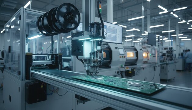 Automated multi-stage printed circuit board assembly line in a modern manufacturing facility with pick and place
