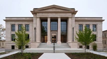 Obraz premium A grand neoclassical building with tall columns large glass and wide stone steps leading to a central entrance
