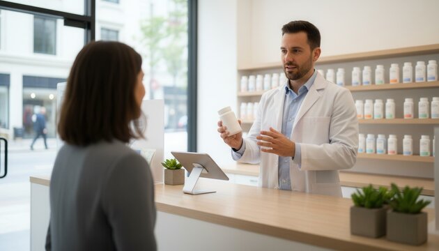 Professional pharmacist wearing a white lab coat talking with a customer across a wooden consultation counter inside a bright modern pharmacy