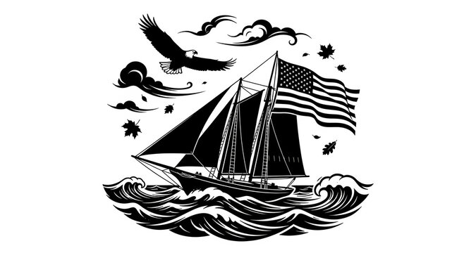 Detailed graphic illustration of a traditional two-masted schooner sailing through rough ocean waves under a starless sky