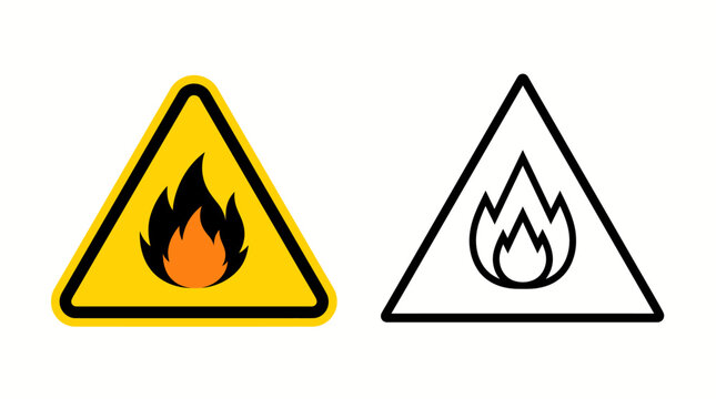 Flammable hazard warning symbol with flame in yellow triangle and outline