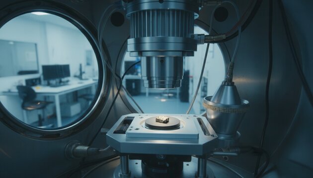 High precision scanning electron microscope chamber interior showing an objective lens specimen stage and Faraday cup detector