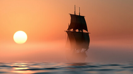 Atmospheric sailing ship silhouette surrounded by soft ocean mist and glowing orange sunrise, Columbus Day, discovery journey, historical exploration, nautical adventure, © Nataliya