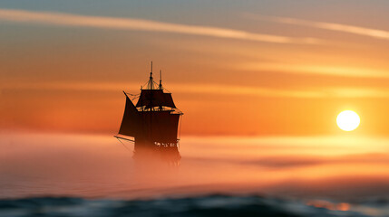Atmospheric sailing ship silhouette surrounded by soft ocean mist and glowing orange sunrise, Columbus Day, discovery journey, historical exploration, nautical adventure, © Nataliya