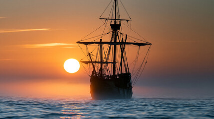 Atmospheric sailing ship silhouette surrounded by soft ocean mist and glowing orange sunrise, Columbus Day, discovery journey, historical exploration, nautical adventure, © Nataliya