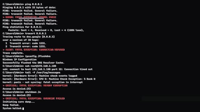 Terminal System Logs with Red Fatal Kernel Panic Error and Data Corruption Scrolling on Black Background Overlay