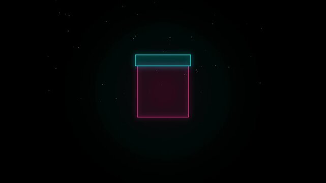 Neon glowing box icon with open lid on dark background