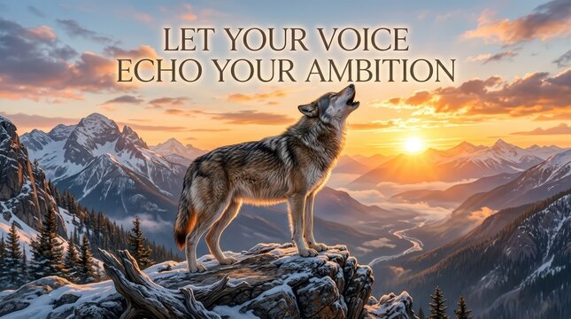 Wolf Howling at Sunset Mountain Landscape with Inspirational Quote Let Your Voice Echo Your Ambition