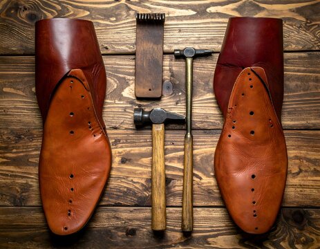 Traditional shoemaking tools with leather shoes, hammer, and nails arranged on wooden surface