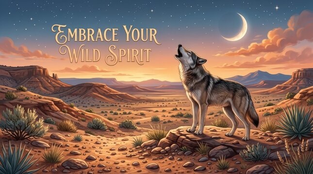 Wolf Howling at the Moon in a Desert Landscape with Embrace Your Wild Spirit Text